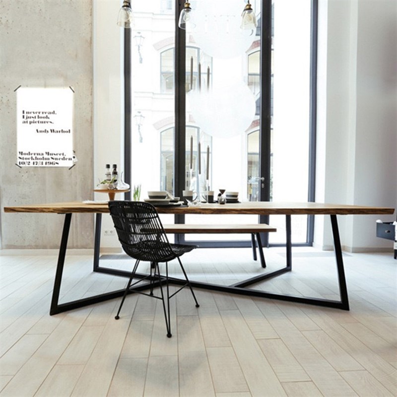 美式实木会议桌椅组合铁艺办公桌C洽谈桌简约工作台现代实木长条