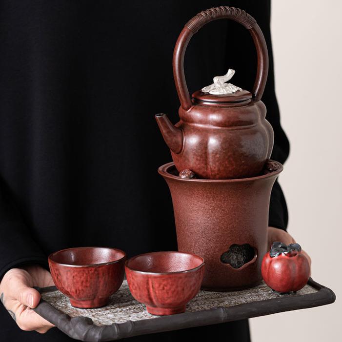 柿红提梁壶围炉煮茶壶家用复古酒精茶炉陶瓷煮茶炉煮茶器明火全套