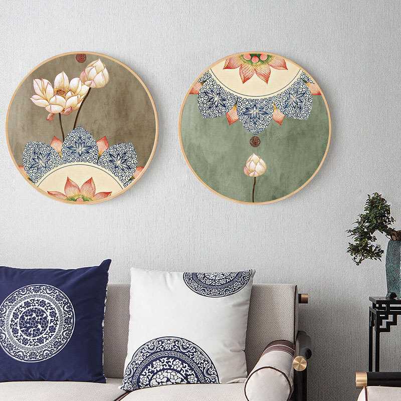 新中式实木圆形挂画玄关楼梯拐角装饰画中国风荷花富贵花鸟画图片