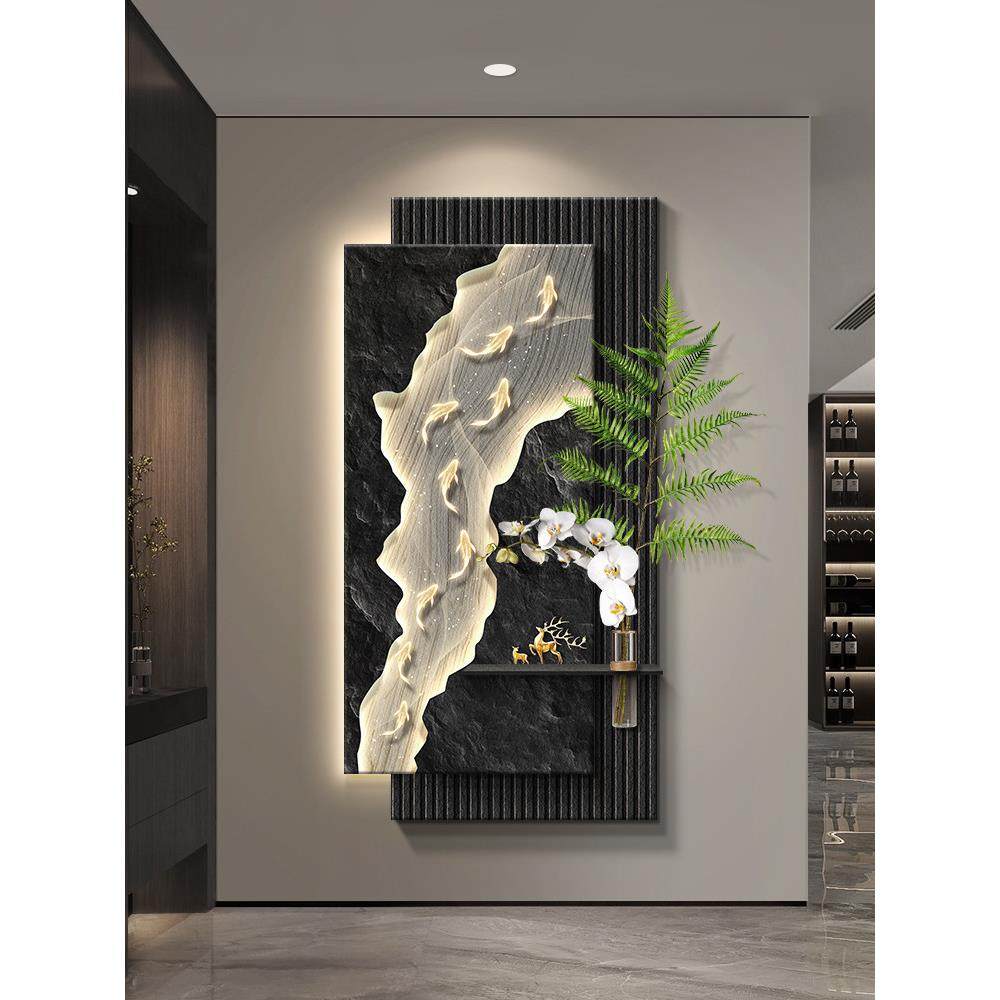 九鱼图玄关装饰画轻奢高级感客厅过道走廊挂画立体砂岩入户壁画灯