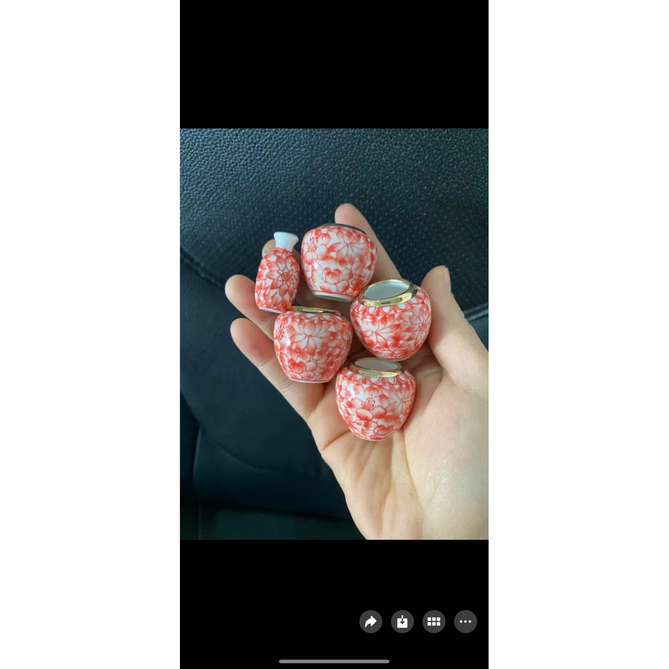 越南手绘鸟食罐描金口翻口杯绣眼,金青麻料5件套