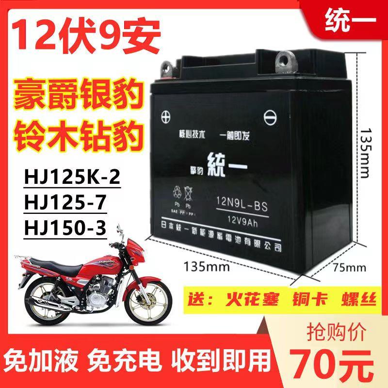 HJ银豹钻豹125刀仔男士摩托车擎豹统一免维护蓄电池12V9A干电瓶