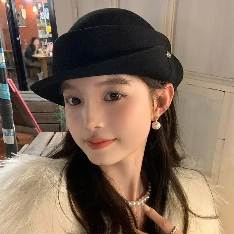 法式赫本优雅复古帽子羊毛黑色