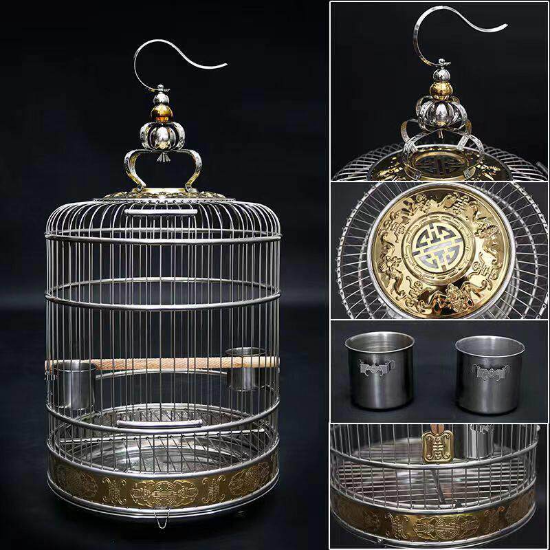 天寿不锈钢鸟笼双福抱金款鹦鹉画眉八哥鹩哥超大号别墅金属鸟笼子