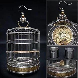 天寿不锈钢鸟笼双福抱金款鹦鹉画眉八哥鹩哥超大号别墅金属鸟笼子