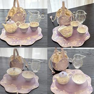 来龙山·紫色睡莲釉下彩手绘茶具套装茶席壶承盖碗壶主人杯公道包