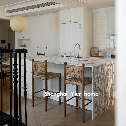 中古实木高脚椅家用咖啡厅吧台椅设计师覆古绳编餐椅岛台椅靠背椅