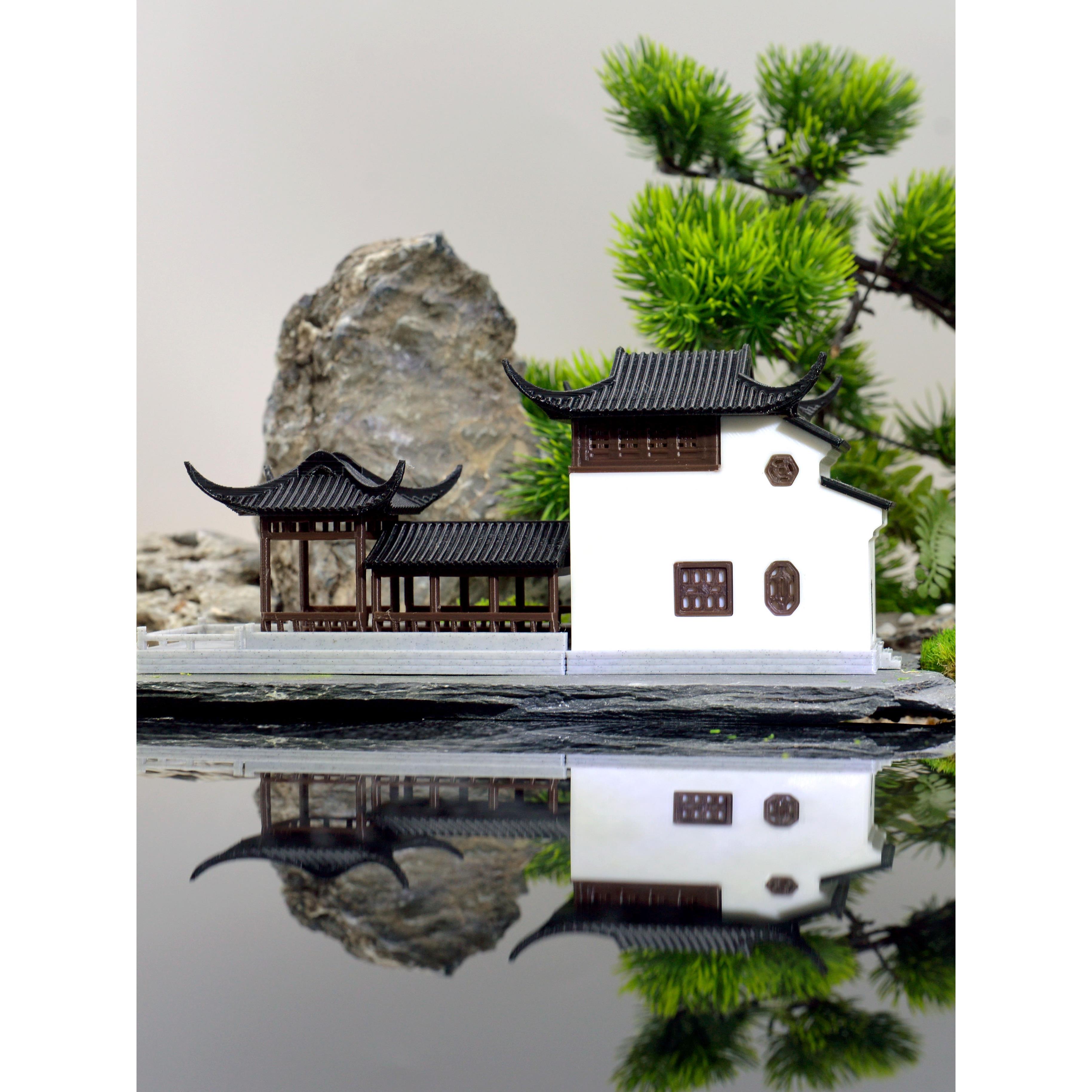 中国古建筑馆卓正园香洲摆件鱼缸景观微景观假山盆景覆古模型