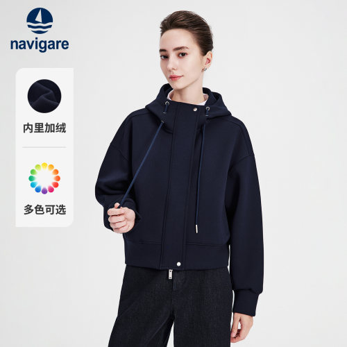 Navigare小帆船2026秋季运动百搭保暖加绒短款连帽宽松开衫卫衣女