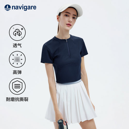 Navigare小帆船2026夏季新款女士透气短款显瘦运动半拉链短袖T恤