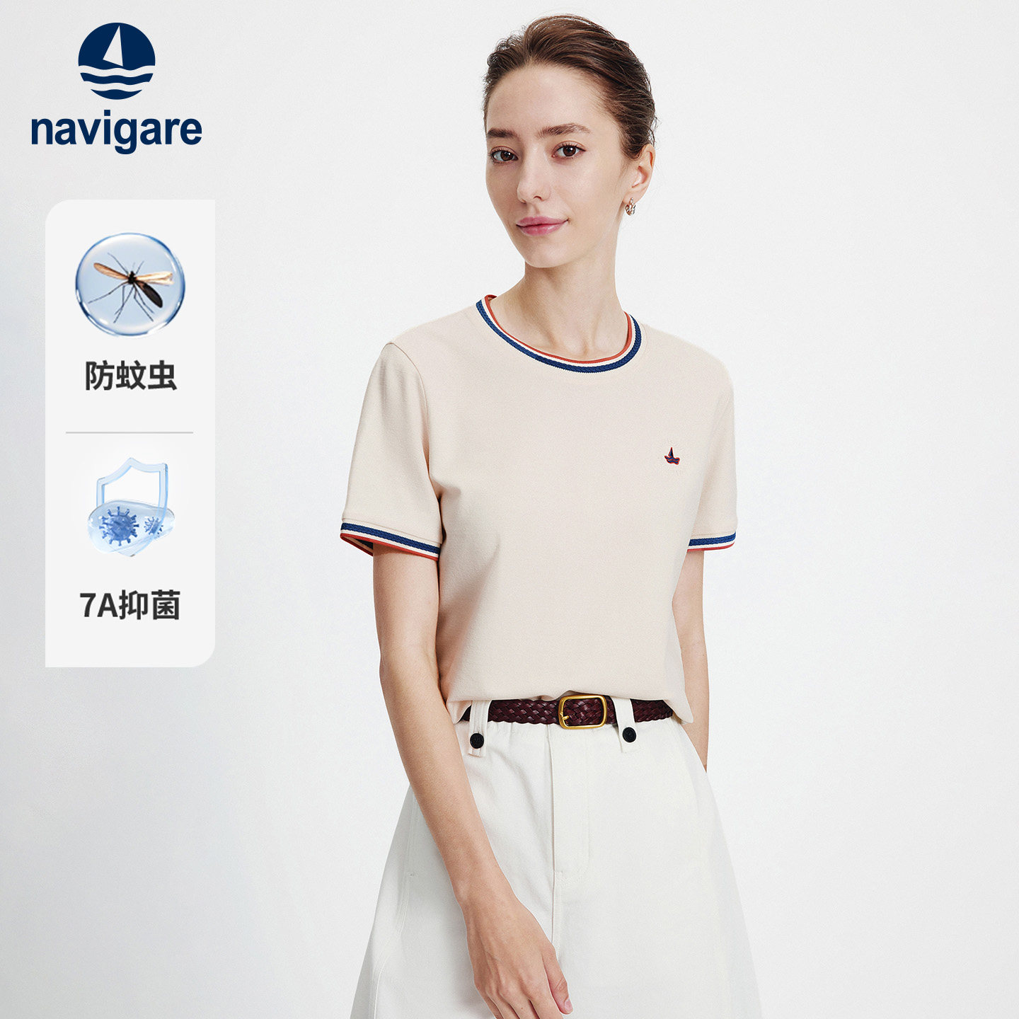 [抗菌]Navigare小帆船夏季新款休闲防蚊T恤撞色提花短袖女体恤衫