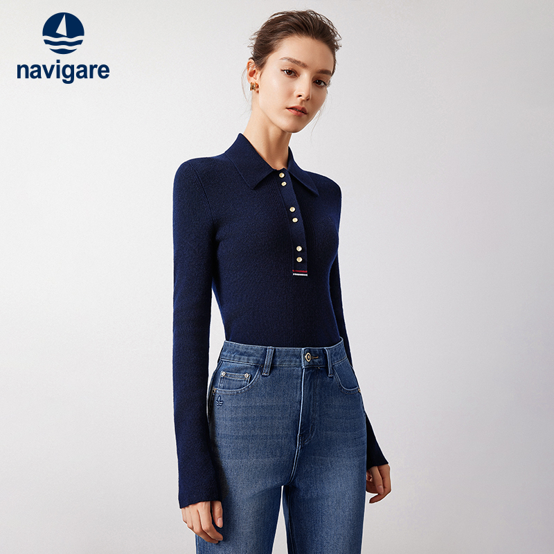 Navigare纯羊毛半开领修身针织衫