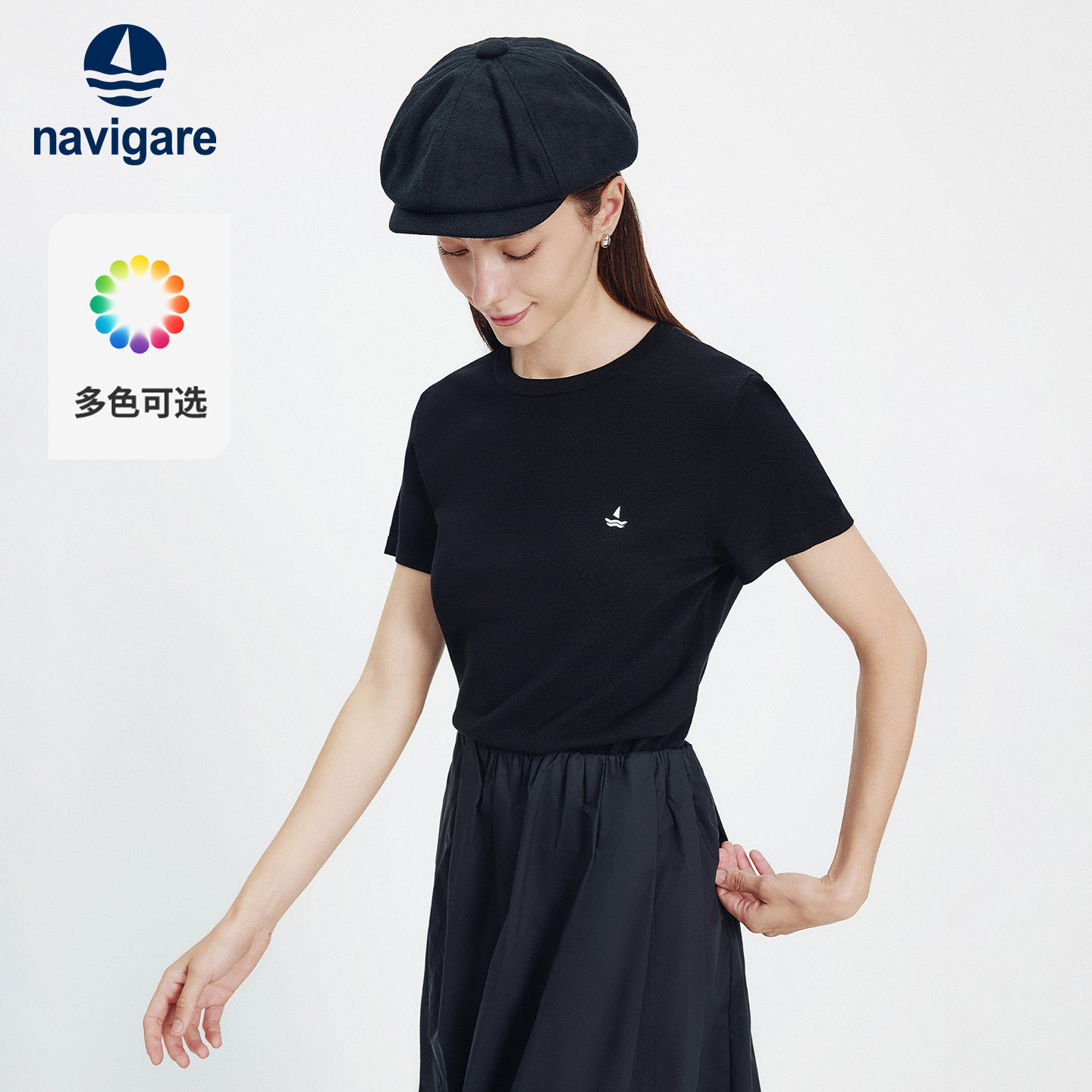 Navigare意大利小帆船2026新款黑色刺绣上衣针织圆领女短袖T恤衫