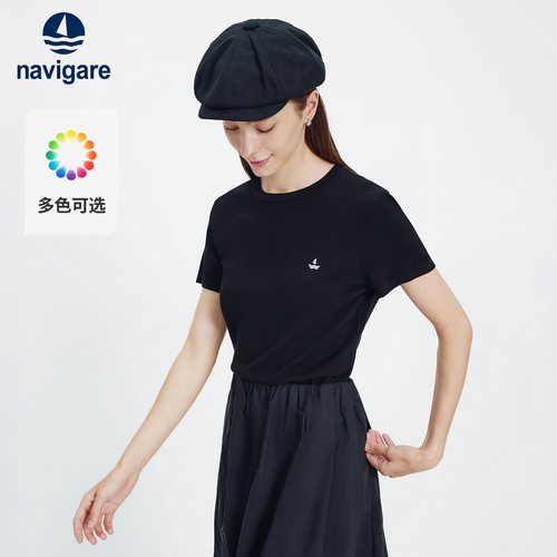 Navigare意大利小帆船2026新款黑色刺绣上衣针织圆领女短袖T恤衫