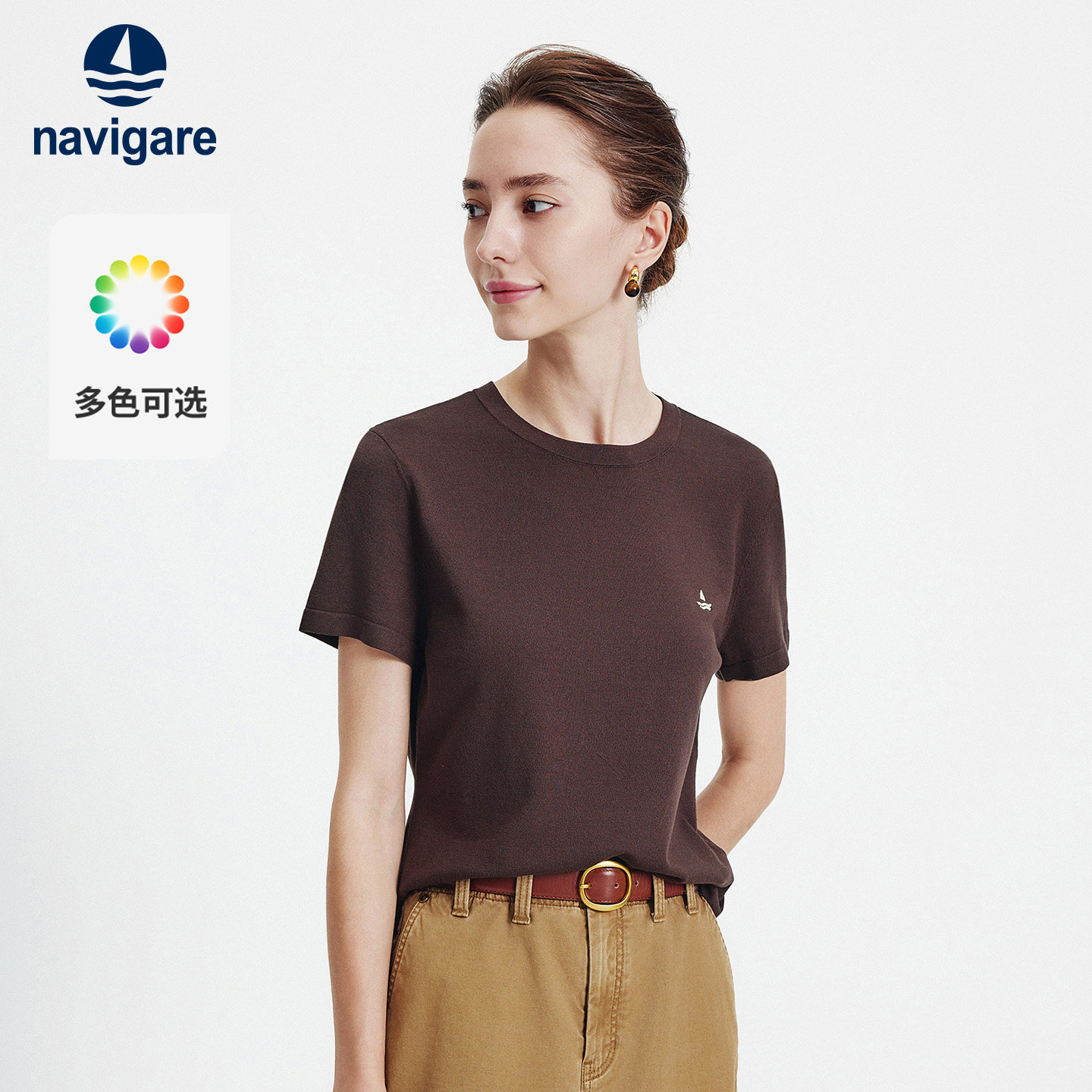 Navigare意大利小帆船2026春季新款圆领上衣针织刺绣女短袖T恤衫