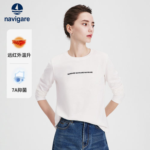Navigare小帆船2026秋季新款休闲白色女士高弹抑菌圆领长袖T恤衫
