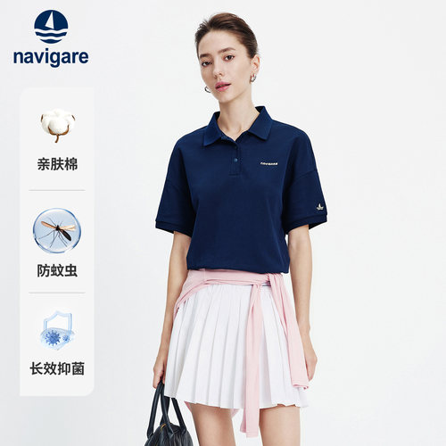 [防蚊]Navigare小帆船2026夏季新款休闲翻领T恤宽松女短袖polo衫