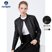 Navigare意大利小帆船短款 机车服哈灵顿外套 真皮皮衣女士黑色修身