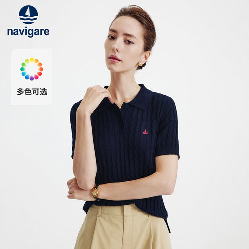 Navigare意大利小帆船夏季新款显瘦刺绣修身POLO衫翻领针织T恤女