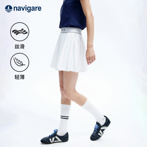 Navigare小帆船2026夏季户外运动休闲女士松紧腰白色百褶A字短裙