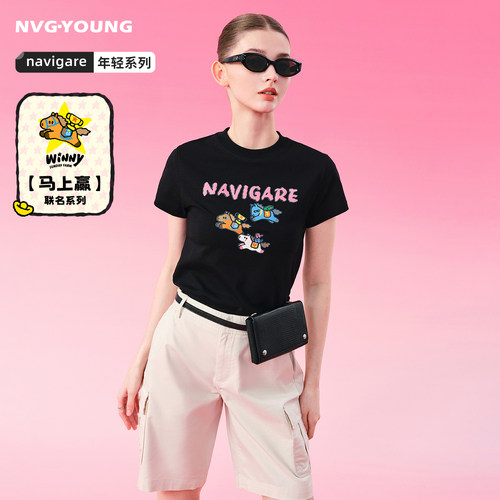 POPSUNDAY马上赢联名Navigare小帆船夏季新款短袖休闲黑色T恤衫女