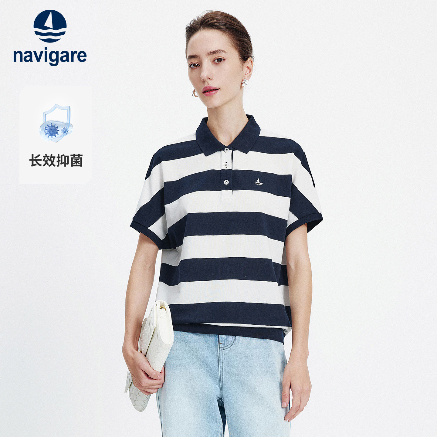 Navigare小帆船2026夏季新款女士POLO翻领宽松上衣条纹短袖T恤衫