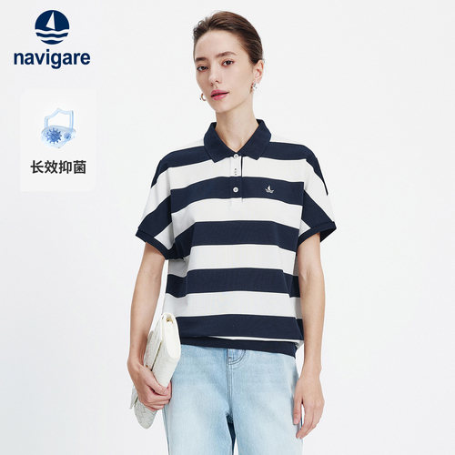 Navigare小帆船2026夏季新款女士POLO翻领宽松上衣条纹短袖T恤衫