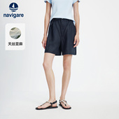 休闲女士微弹显瘦亚麻阔腿中短裤 Navigare意大利小帆船26夏季 新款