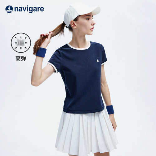 Navigare意大利小帆船2026夏季新款女士户外透气短袖刺绣撞色T恤