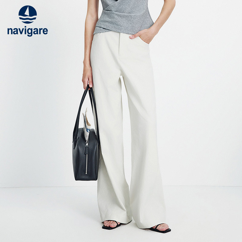 Navigare意大利小帆船2026春季新款休闲高腰女士宽松白色直筒长裤 - navigare女装旗舰店出品