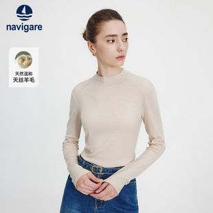 Navigare意大利小帆船羊毛长袖T恤女2025秋季新款白色通勤打底衫