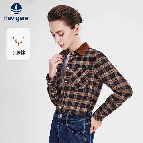 Navigare小帆船2026秋季新款巴恩风女士撞色格子长袖衬衫复古开衫