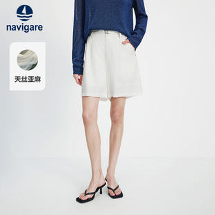 Navigare意大利小帆船26夏季新款女士休闲高腰亚麻白色阔腿中短裤