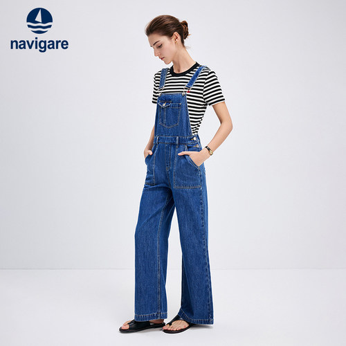 Navigare高腰直筒牛仔背带裤