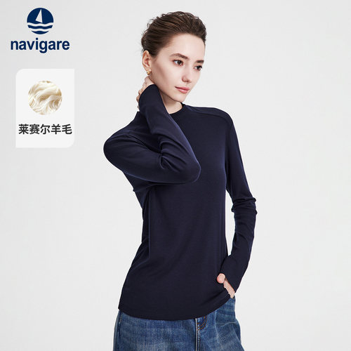 Navigare小帆船2026秋季通勤百搭女士羊毛修身长袖T恤内搭打底衫