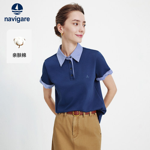Navigare小帆船2026夏季新款女士假两件休闲撞色polo衫短袖T恤