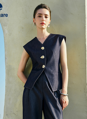 Navigare意大利小帆船修身V领牛仔马甲女26夏季新品显瘦无袖开衫