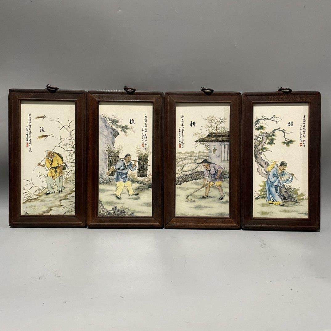 中式木框粉彩人物瓷板画挂屏渔樵耕读背景墙装饰四条屏仿古陶瓷画,家居饰品,瓷板画,淘宝优惠券,粉丝福利购,淘宝优惠卷
