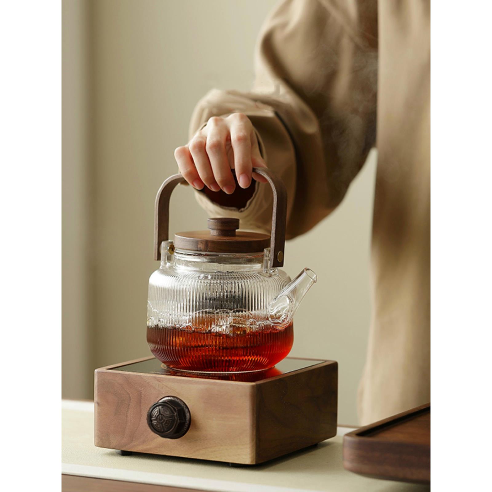 胡桃木电陶炉煮茶器玻璃烧水壶白茶蒸煮两用茶壶小型电热茶炉套装