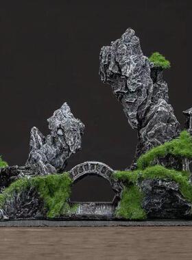 中式鱼缸造景装饰水下假山水泥摆件避孔景微景观石成套