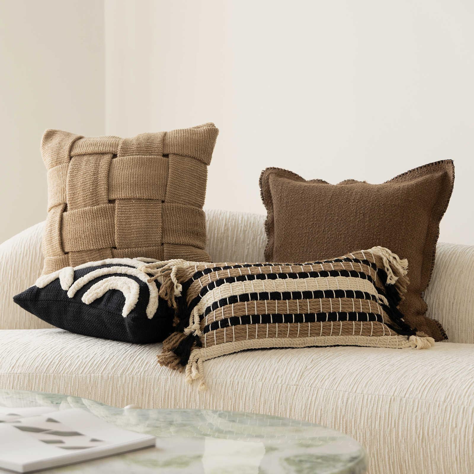 中古风手工咖色编织棉麻靠枕方枕轻奢现代样板间沙发飘窗民宿抱枕