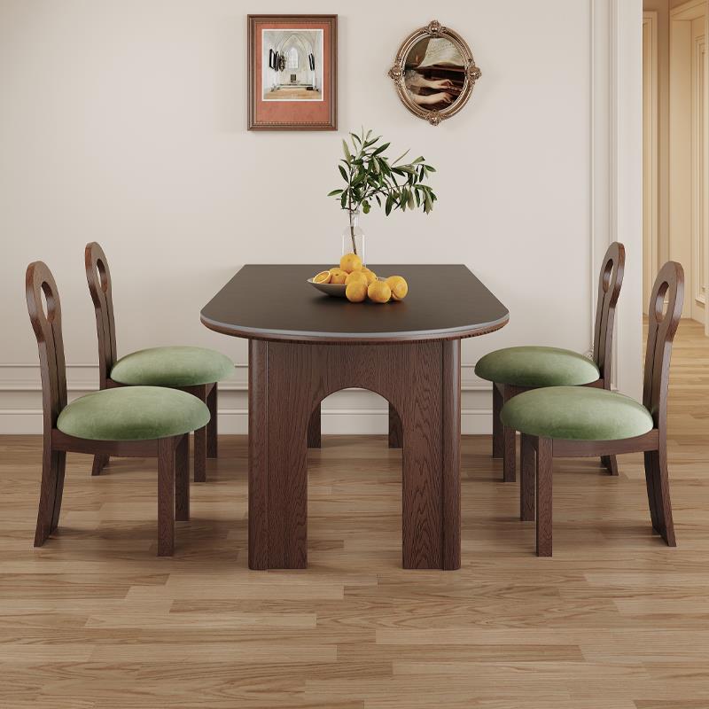 法式中古哑光黑色岩板实木小户型胡桃色白蜡木半圆靠墙岛台餐桌椅