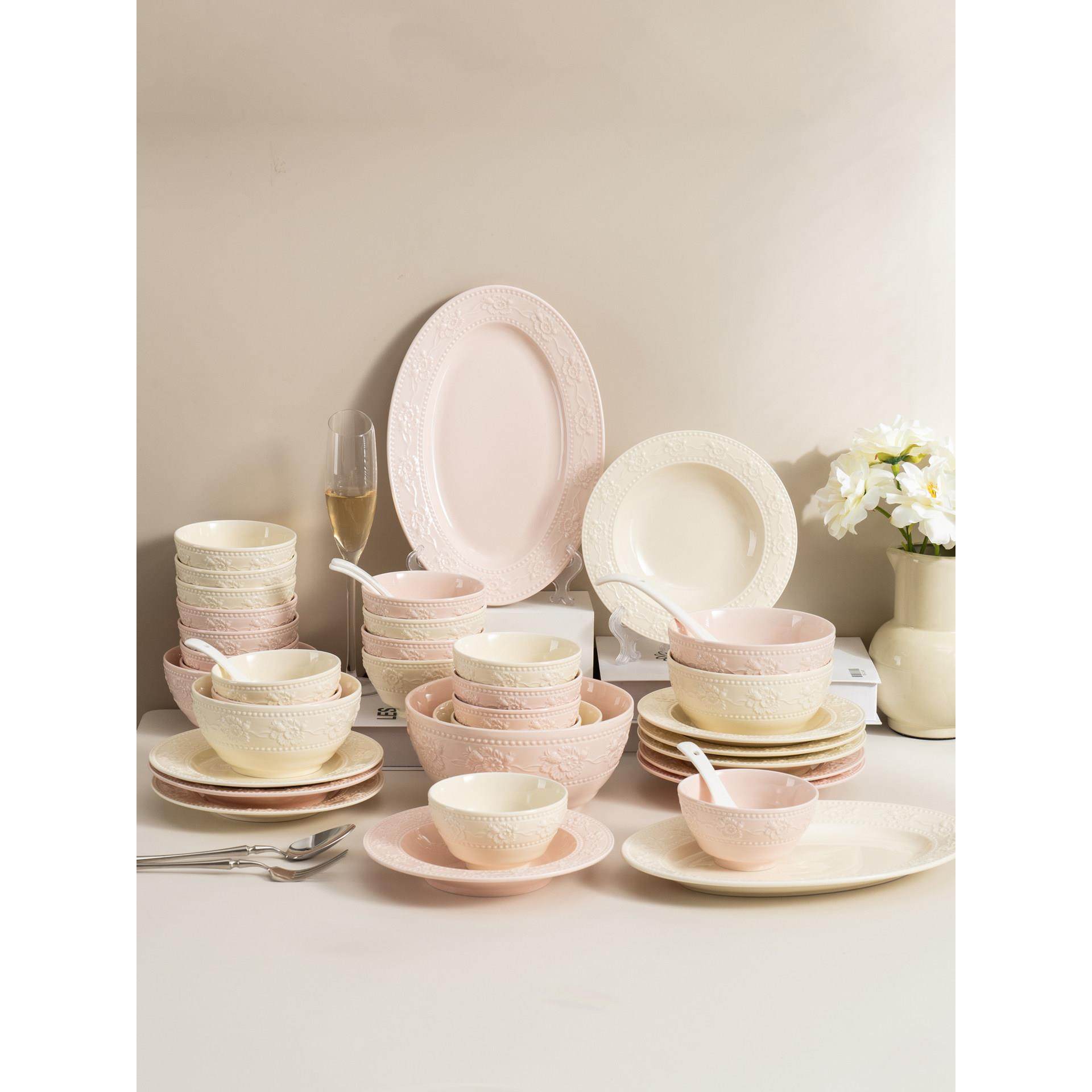 法式浮雕陶瓷碗碟套装家用高颜值釉下彩新居乔迁餐具送礼饭碗盘筷,餐饮具,碗,淘宝优惠券,粉丝福利购,淘宝优惠卷