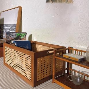 日式 ins桌面書本整理收納盒客廳茶幾零食雜物復(fù)古木質(zhì)竹編收納筐