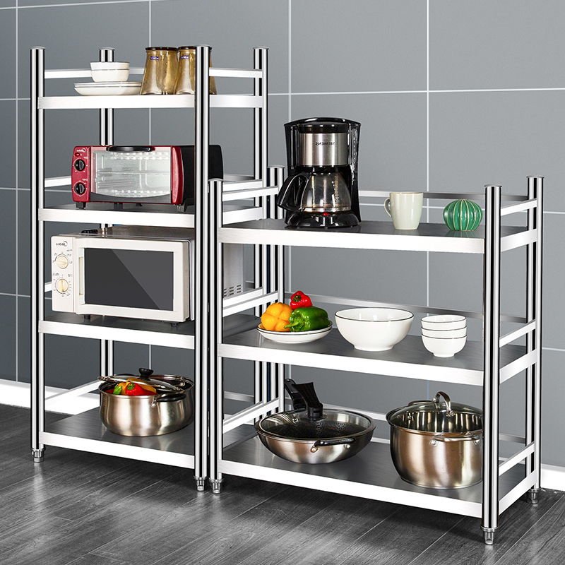 货架不锈钢厨房收纳置物架落地多层多功能微波炉架子带围栏储物架
