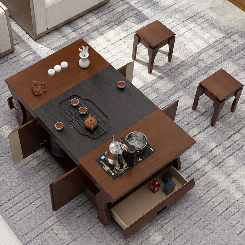 新中式火烧石实木功夫茶几茶桌椅组合家用小茶台茶桌茶具套装一体