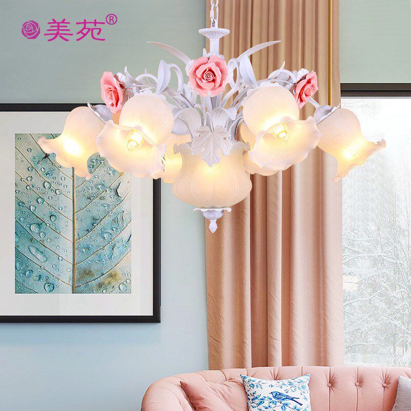 田园吊灯玫瑰f客厅灯白色简约地中海花草灯卧室书房婚房浪漫吊灯