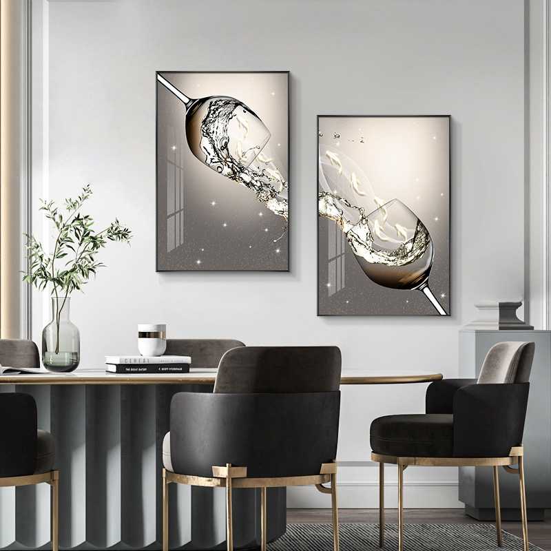 九鱼图双联餐厅装饰画创意酒杯挂画现代简约饭厅背景墙好寓意壁画图片