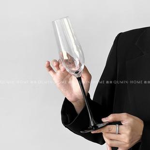 氛围感郁金香黑杆玻璃香槟杯家用创意高脚起泡酒轻奢甜酒杯 趣皿