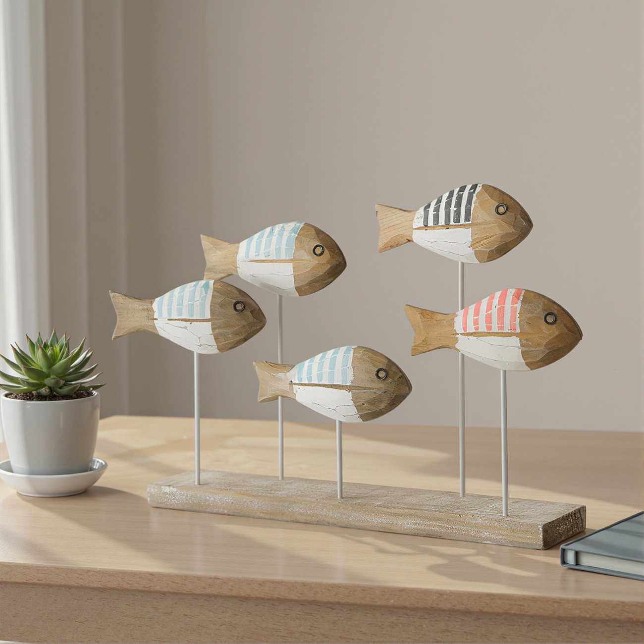 地中海风格鱼群彩色实木雕刻鱼海洋系列木质工艺品原木做旧套三鱼